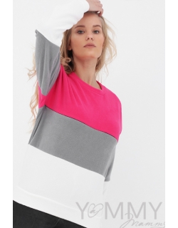 Толстовка для беременных и кормящих трехцветная, экрю-малина-серый
