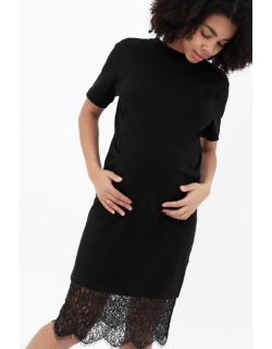 Платье-футболка для беременных и кормящих с кружевом, черное