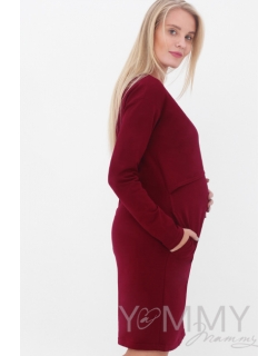 Платье для кормящих и беременных с длинным рукавом с карманами, марсала