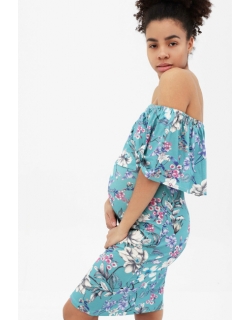 Платье "майка" для беременных и кормящих с воланом на плечах, серо-голубое/цветы