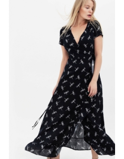 Платье для кормящих и беременных на запах с воланом со стрекозами, цвет темно-синий