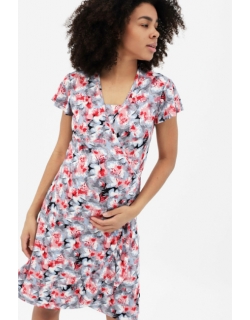 Платье для кормящих и беременных на запах с цветочным принтом, серо-голубое