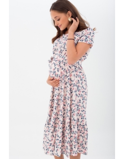 Платье для беременных и кормящих с воланом с цветочным принтом, розовое