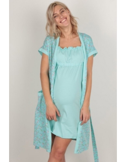 Комплект в роддом халат с сорочкой ментоловый, принт цветы