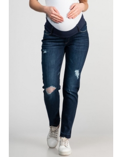Джинсы для беременных и родивших на низкой талии (с потертостями), темно-синие