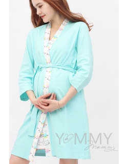 Комплект халат с сорочкой ментол с принтом зайчики/котики