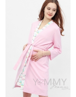 Комплект халат с сорочкой розовый с принтом зайчики/котики