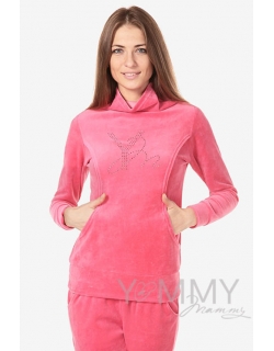 Толстовка для кормящих и беременных велюровая со стразами, цвет коралловая