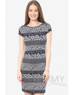 Платье для кормящих и беременных темно-синее с цветочным принтом