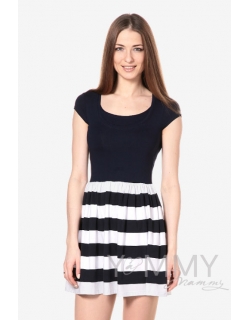 Платье с юбкой на сборке темно-синее в полоску для беременных