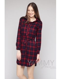 Платье-рубашка для кормящих и беременных, в красно-синюю клетку