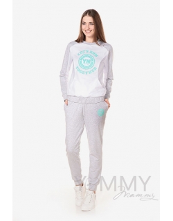 Брюки для беременных и родивших универсальные, спортивные из футера с принтом серый меланж