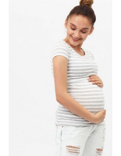 Футболка для беременных и кормящих, белая в серую полоску меланж