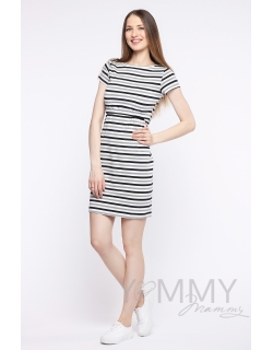 Платье для кормящих и беременных, белое в полоску серый меланж/черный