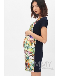 Платье-туника для беременных и кормящих, темно-синее с цветочным принтом