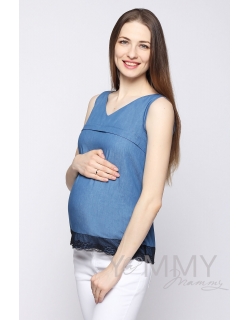 Блуза для кормящих и беременных из денима, с черным кружевом