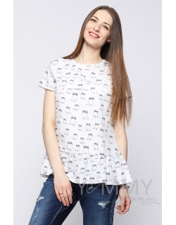 Блуза с воланом для кормящих и беременных, белая с принтом "коты"