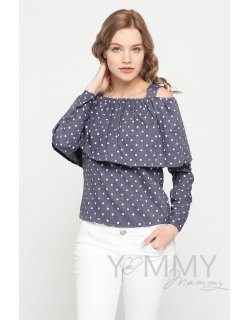 Блуза с воланом для кормящих и беременных, синяя в горох