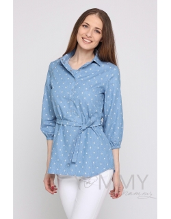 Рубашка для кормящих и беременных джинсовая, голубая с принтом "зонтики"