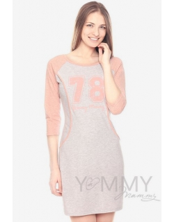 Платье для дома и сна серый меланж / розовый с принтом