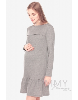 Платье для беременных и кормящих с воланом, серое