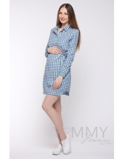 Платье-рубашка для кормящих и беременных, джинсовое в белую клетку