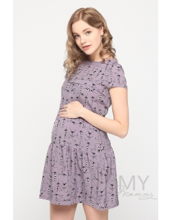 Платье для беременных и кормящих с воланом, темно-сиреневое с принтом "коты"