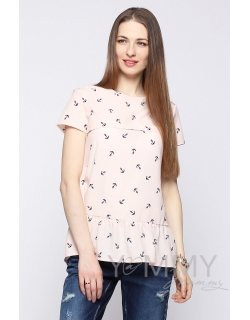 Блуза для беременных и кормящих с воланом, персиковая с принтом "якоря"