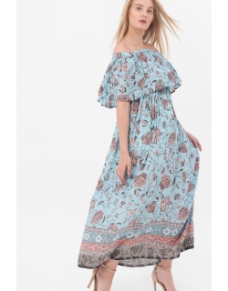 Платье-сарафан для кормящих и беременных, с оборкой по плечам голубое
