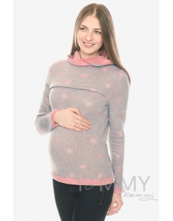 Толстовка для кормящих и беременных с капюшоном на меху, серый меланж с розовыми коронами