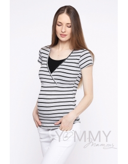 Футболка для кормящих и беременных, серый меланж в черную полоску