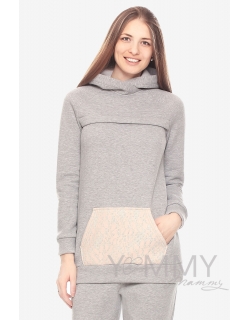 Толстовка для кормящих и беременных "худи" с начесом, серый меланж
