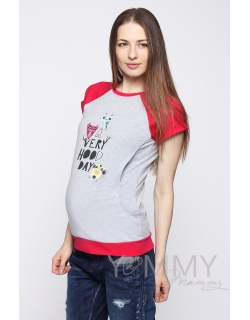 Футболка для кормящих и беременных, серый меланж/фуксия с принтом