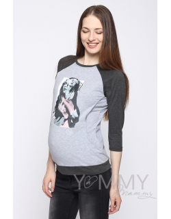 Футболка для кормящих и беременных, серый меланж/темно-серый меланж с принтом