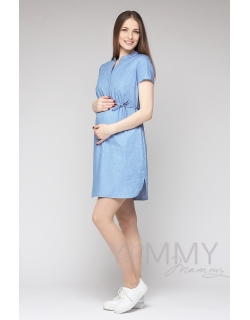 Платье-рубашка для беременных и кормящих, джинсовое в белый горошек