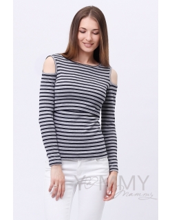 Топ для кормящих и беременных с вырезами на плечах, серый меланж в синюю полоску