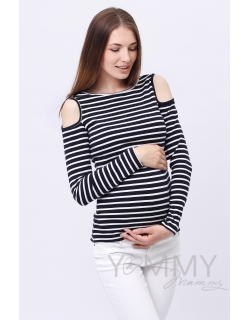 Лонгслив с вырезами на плечах для кормящих и беременных, синий в белую полоску