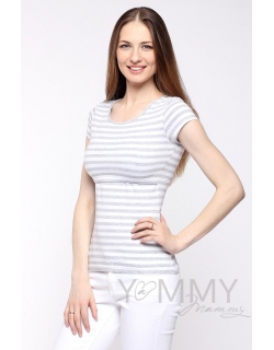 Футболка для беременных и кормящих, белая в серую полоску меланж